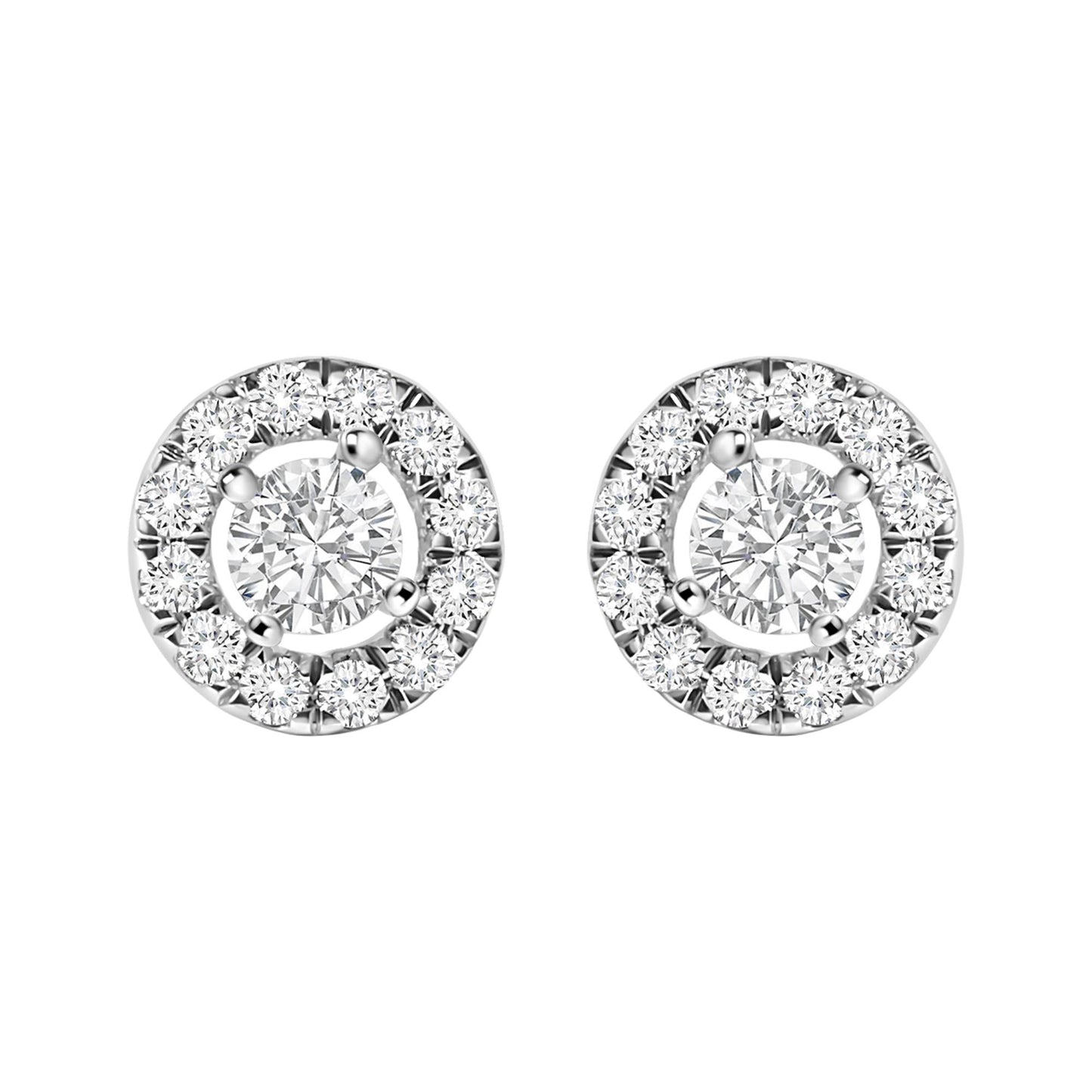 Front view of white metal round stud earrings featuring a central round white gemstone surrounded by smaller round white gemstones in a halo design.