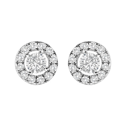 Front view of white metal round stud earrings featuring a central round white gemstone surrounded by smaller round white gemstones in a halo design.