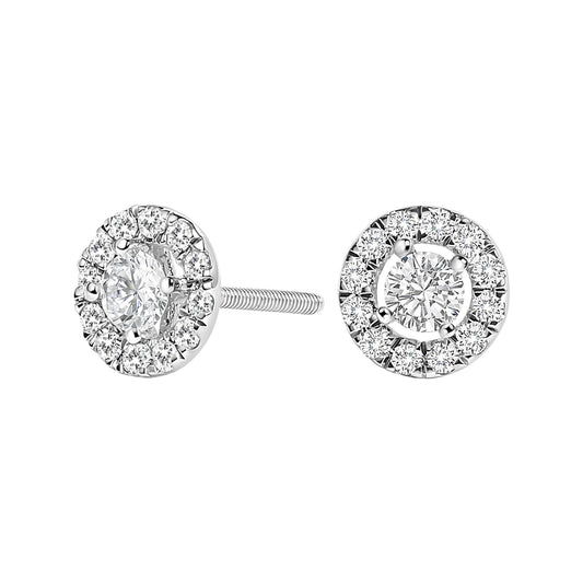 Front-facing view of white metal stud earrings with a central round white gemstone surrounded by smaller round white gemstones in prong settings.
