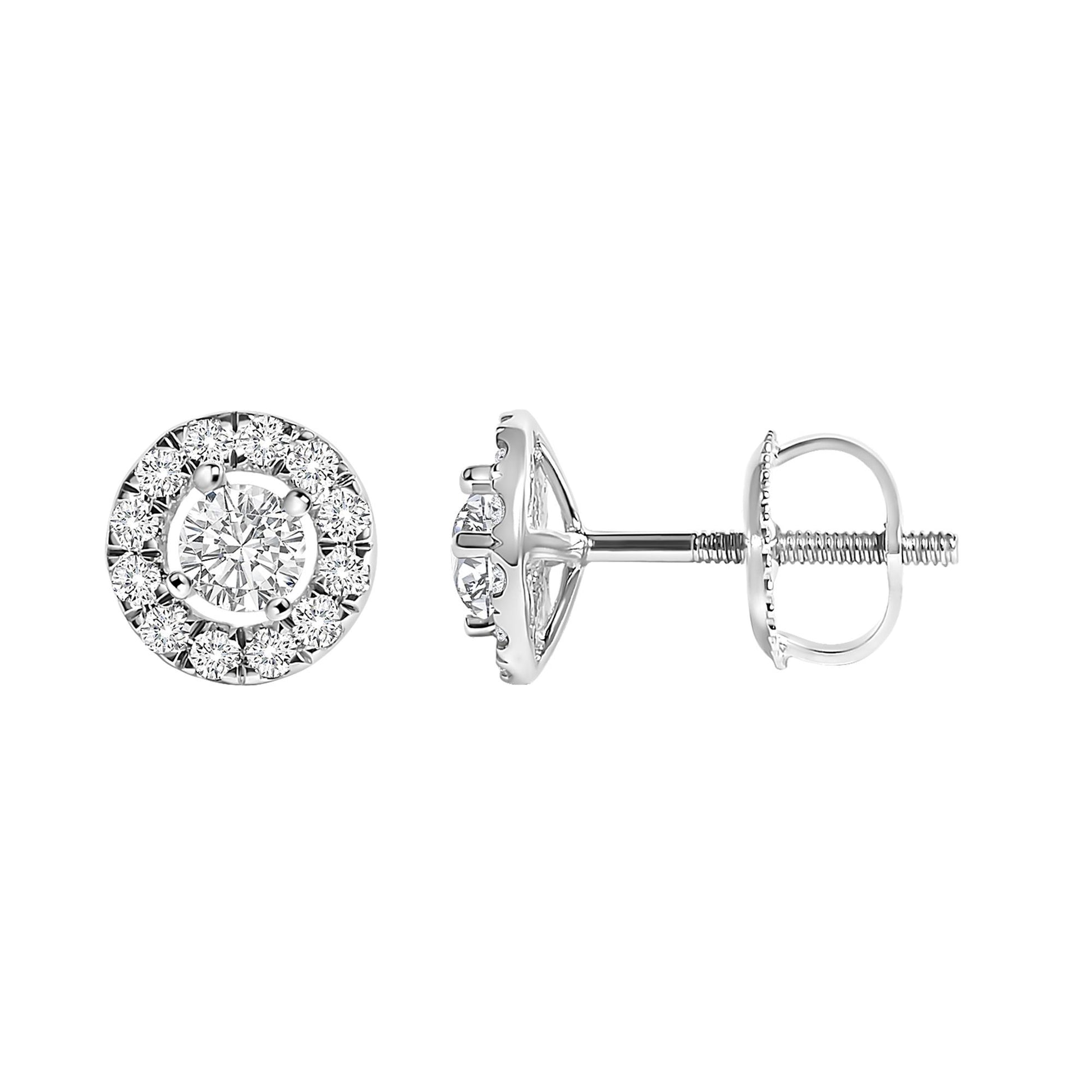 Front and side view of white metal round earrings with central prong-set white gemstone surrounded by smaller prong-set white gemstones, shown against a white background.