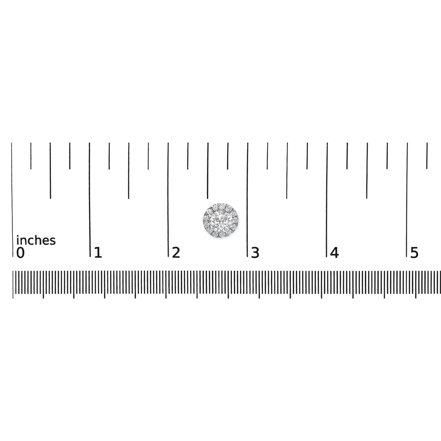 Close-up top view of a single white metal round earring with a central white gemstone surrounded by smaller white gemstones, placed on a ruler for size reference.