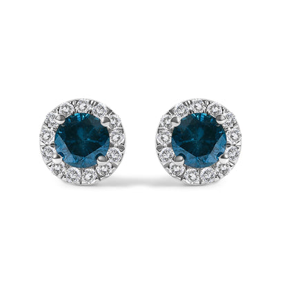 .925 Sterling Silver 1.00 Cttw Blue Diamond Halo Stud Earring