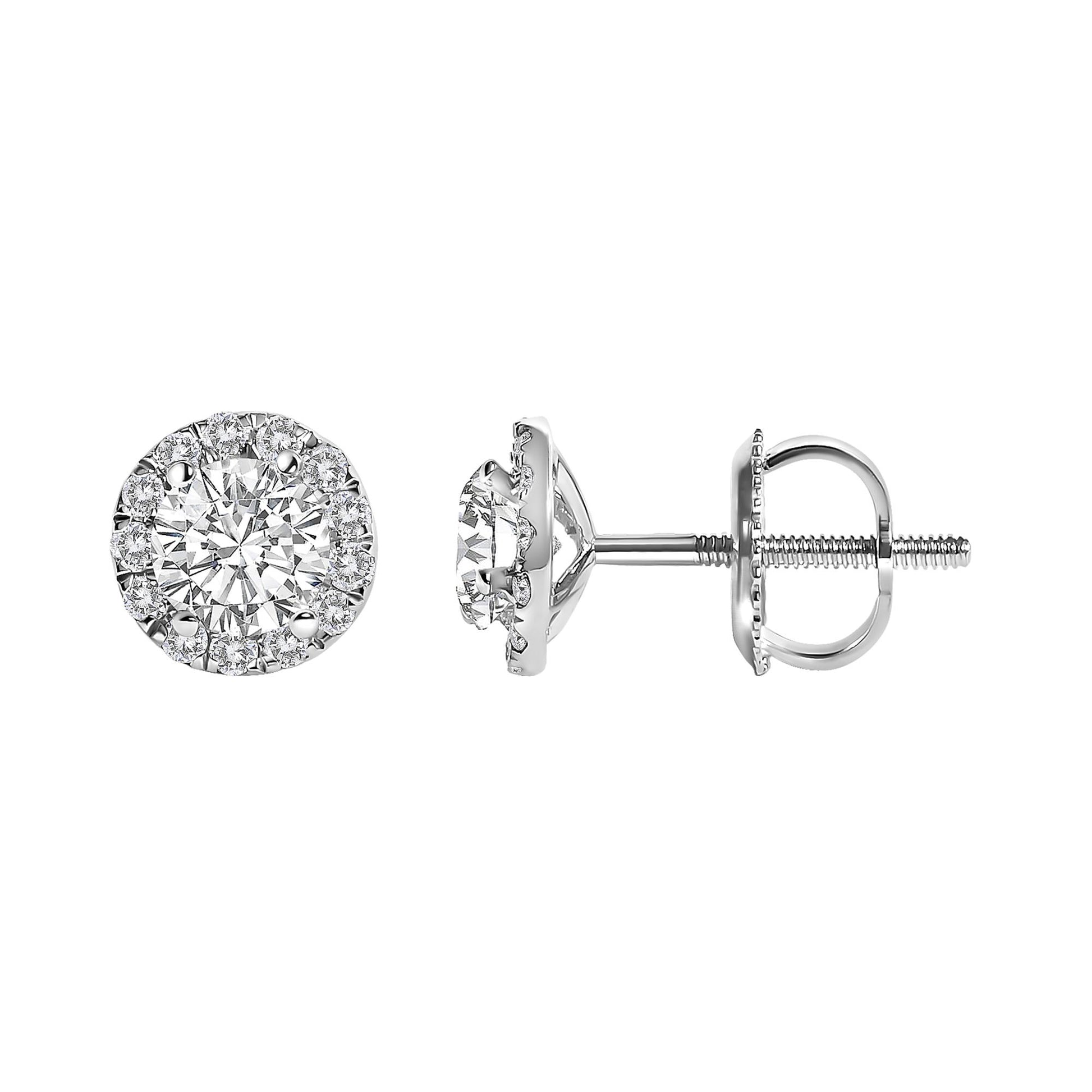 Pair of white metal stud earrings with round white gemstones in prong settings, shown from front and side angles.