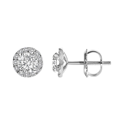 Pair of white metal stud earrings with round white gemstones in prong settings, shown from front and side angles.