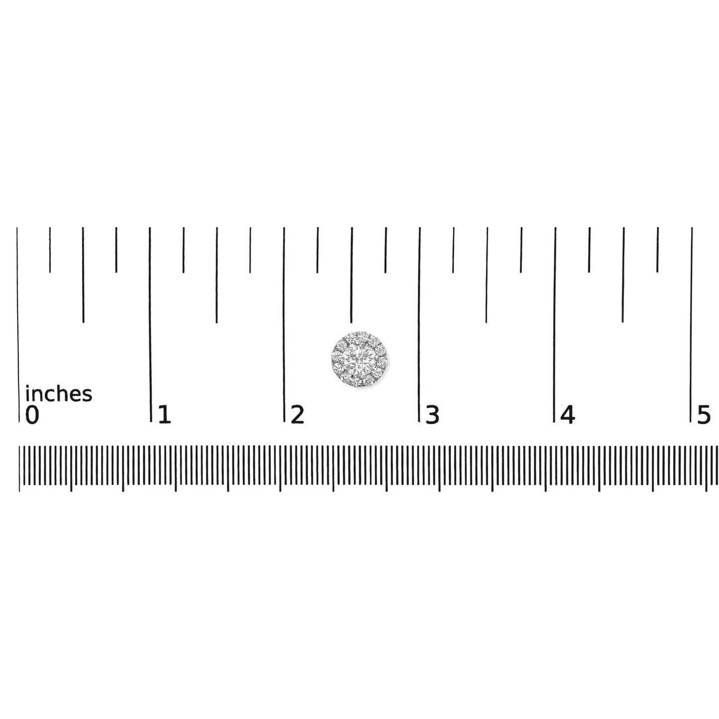 White metal round earrings with prong-set white gemstones, shown flat on a ruler for size reference, top-down view.