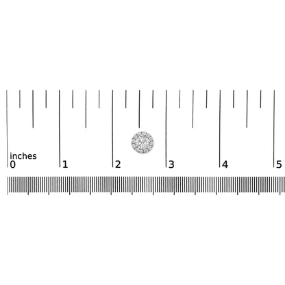 White metal round earrings with prong-set white gemstones, shown flat on a ruler for size reference, top-down view.