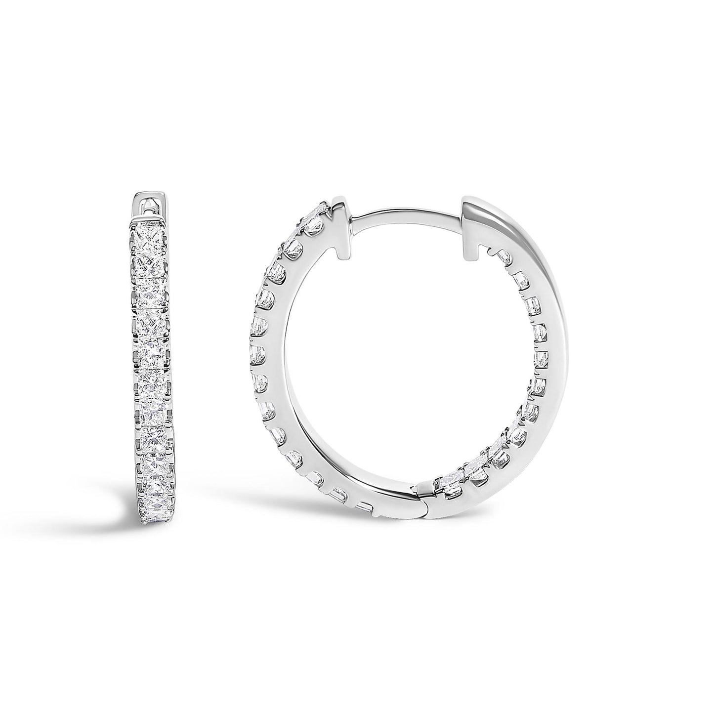 Close-up front and side view of white metal hoop earrings with prong-set square white gemstones along the outer edge, shown on a white background.