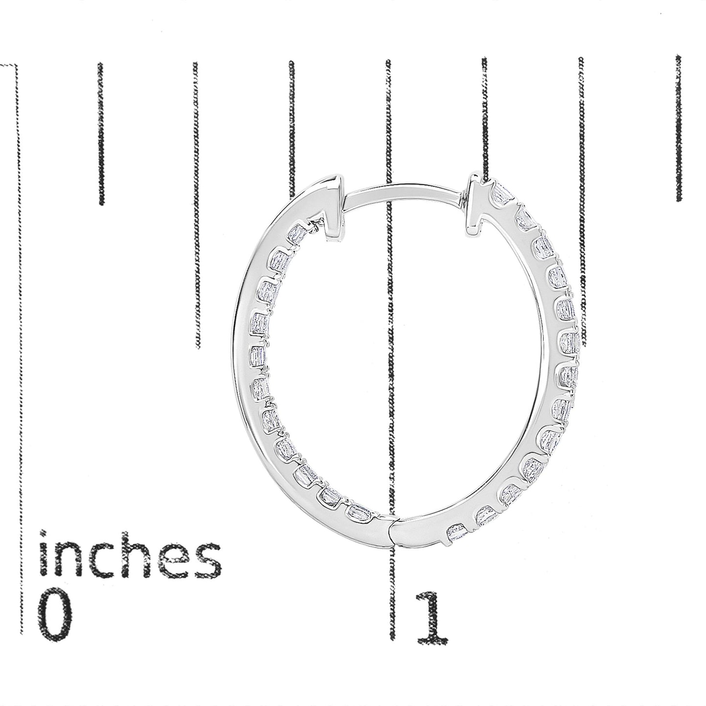 Close-up front angle of one white hoop earring with princess shape white gemstones in prong settings, shown on a measurement scale.