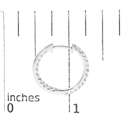 Close-up front angle of a white-colored hoop earring shown on a scale, featuring princess-shaped white gemstones set in a prong setting along the outer edge.