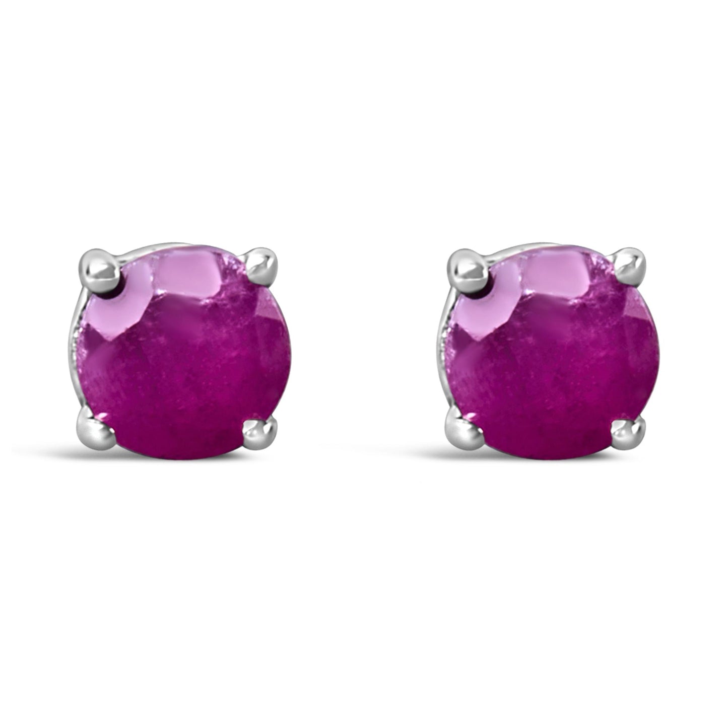 Front view of a pair of white metal stud earrings with round pink gemstones in 4-prong settings.