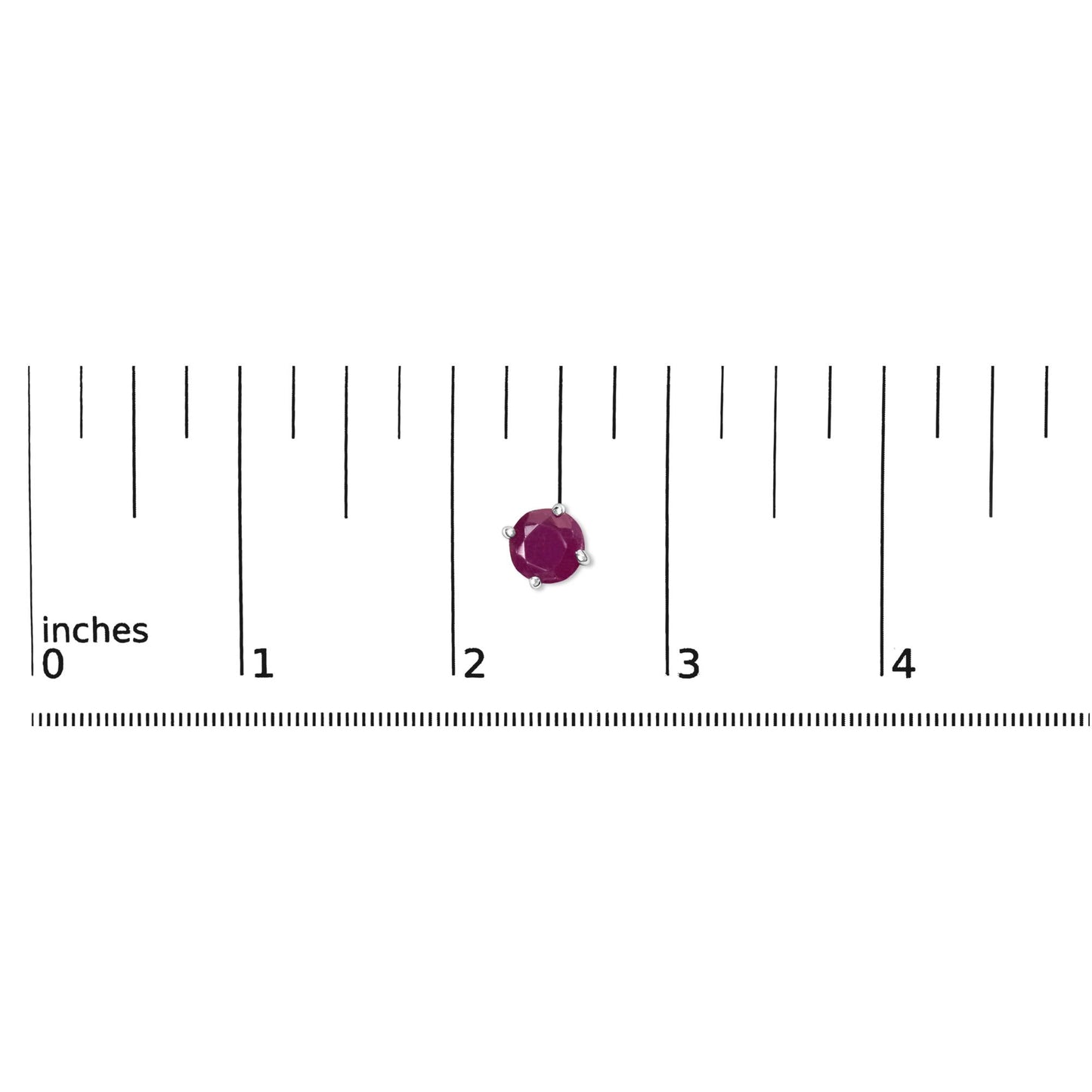 Close-up front view of a single white metal earring with a round pink gemstone in a four-prong setting placed on a ruler for size reference.