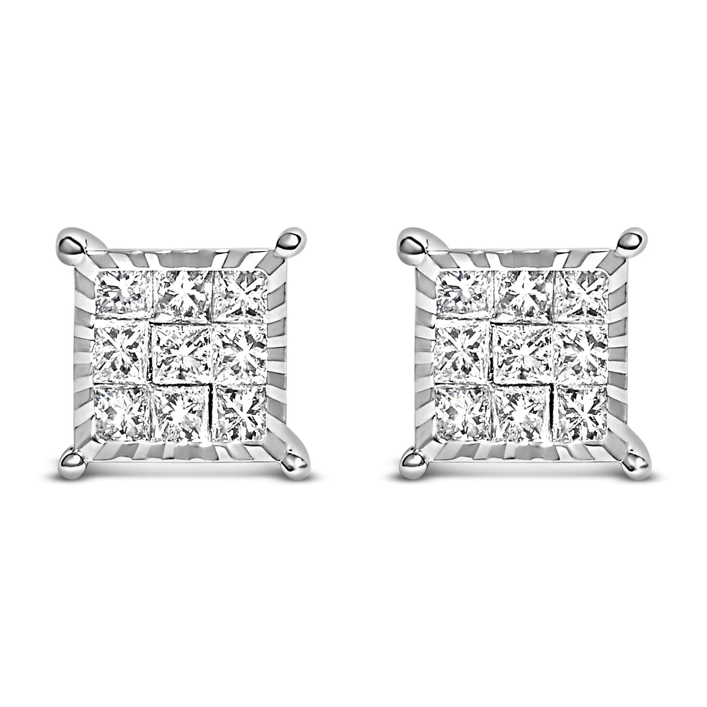 Front angle view of square-shaped white metal stud earrings with multiple princess-shaped white gemstones in invisible settings.