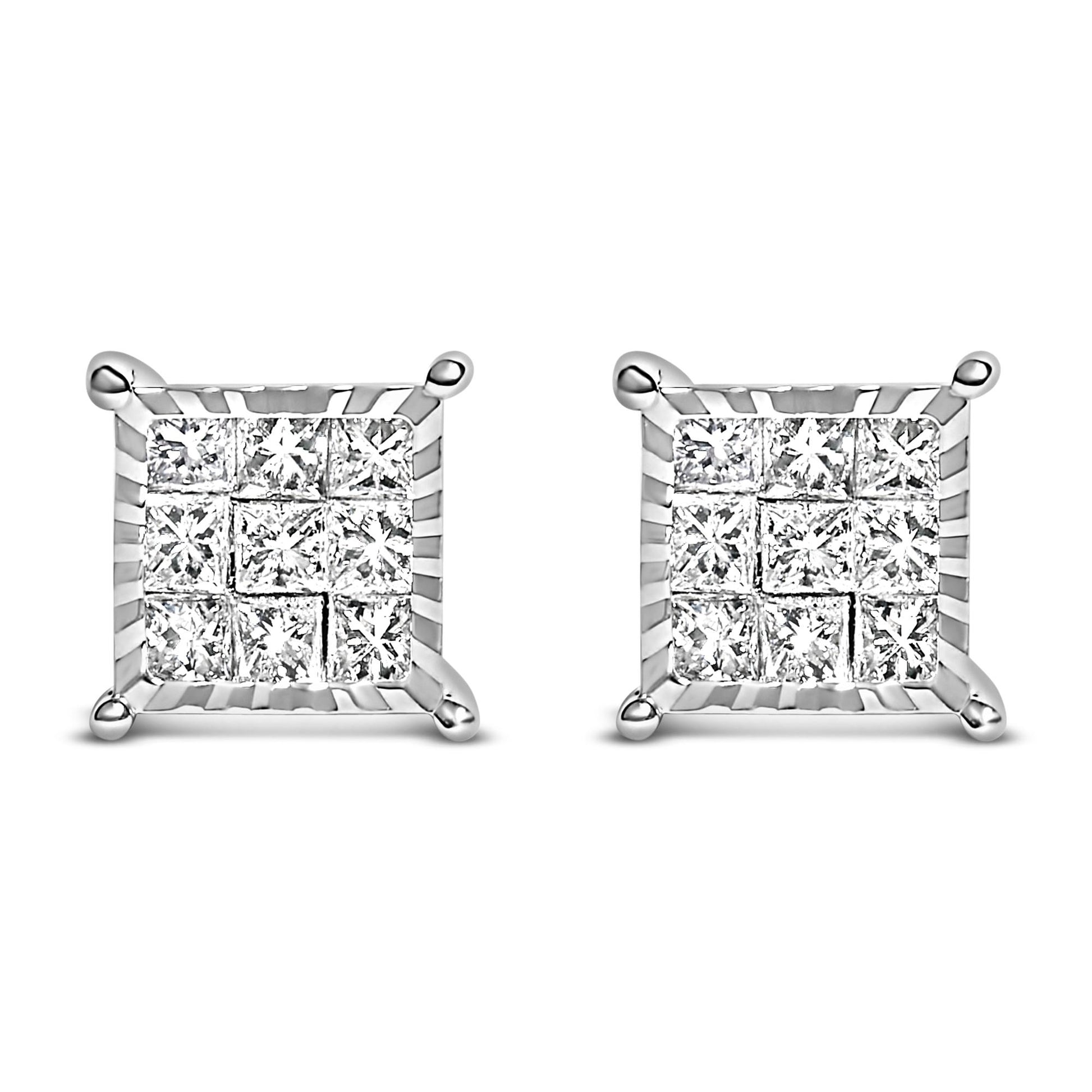 Front angle view of square-shaped white metal stud earrings with multiple princess-shaped white gemstones in invisible settings.