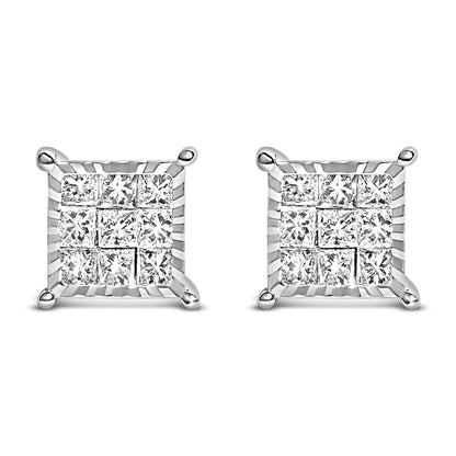 Front angle view of square-shaped white metal stud earrings with multiple princess-shaped white gemstones in invisible settings.