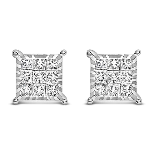 Front angle view of square-shaped white metal stud earrings with multiple princess-shaped white gemstones in invisible settings.