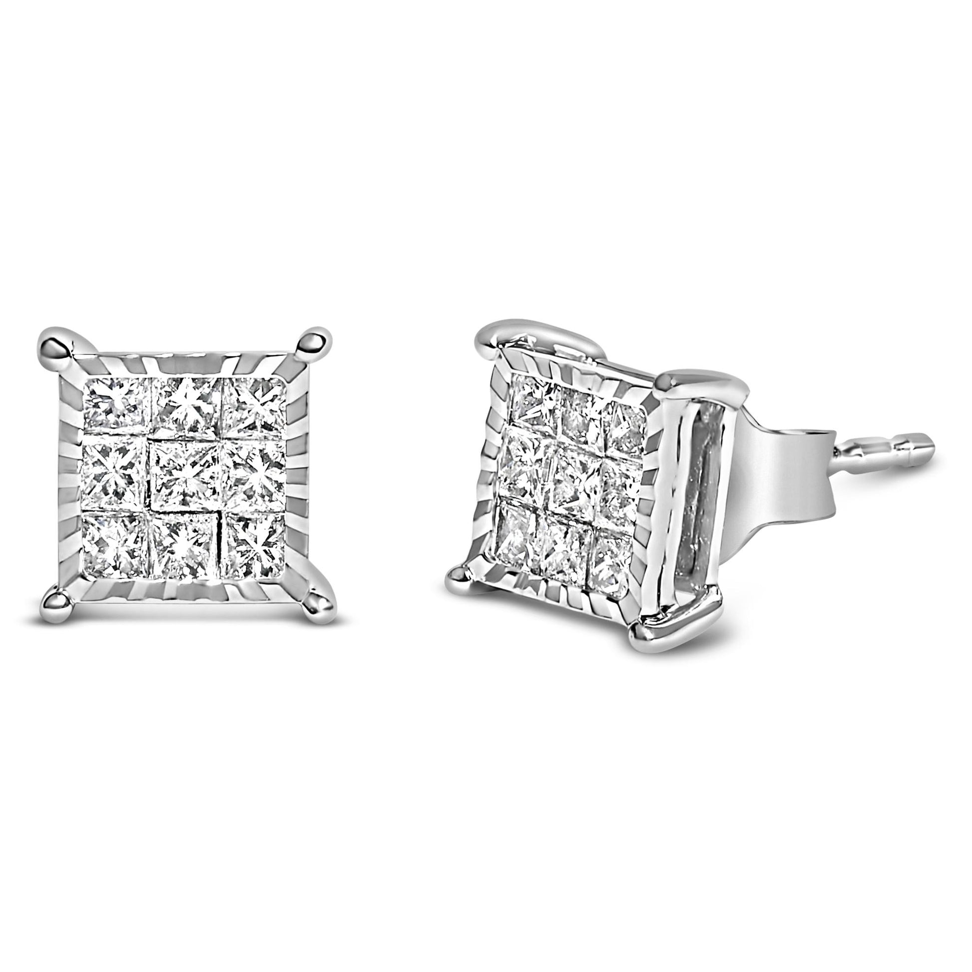 Pair of square-shaped white metal stud earrings with princess-cut white gemstones in an invisible setting, shown from front and angled side views.