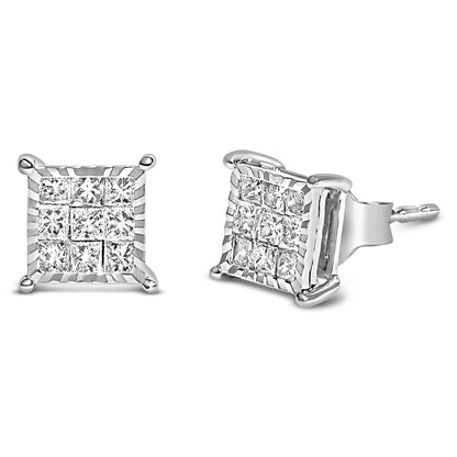 Pair of square-shaped white metal stud earrings with princess-cut white gemstones in an invisible setting, shown from front and angled side views.