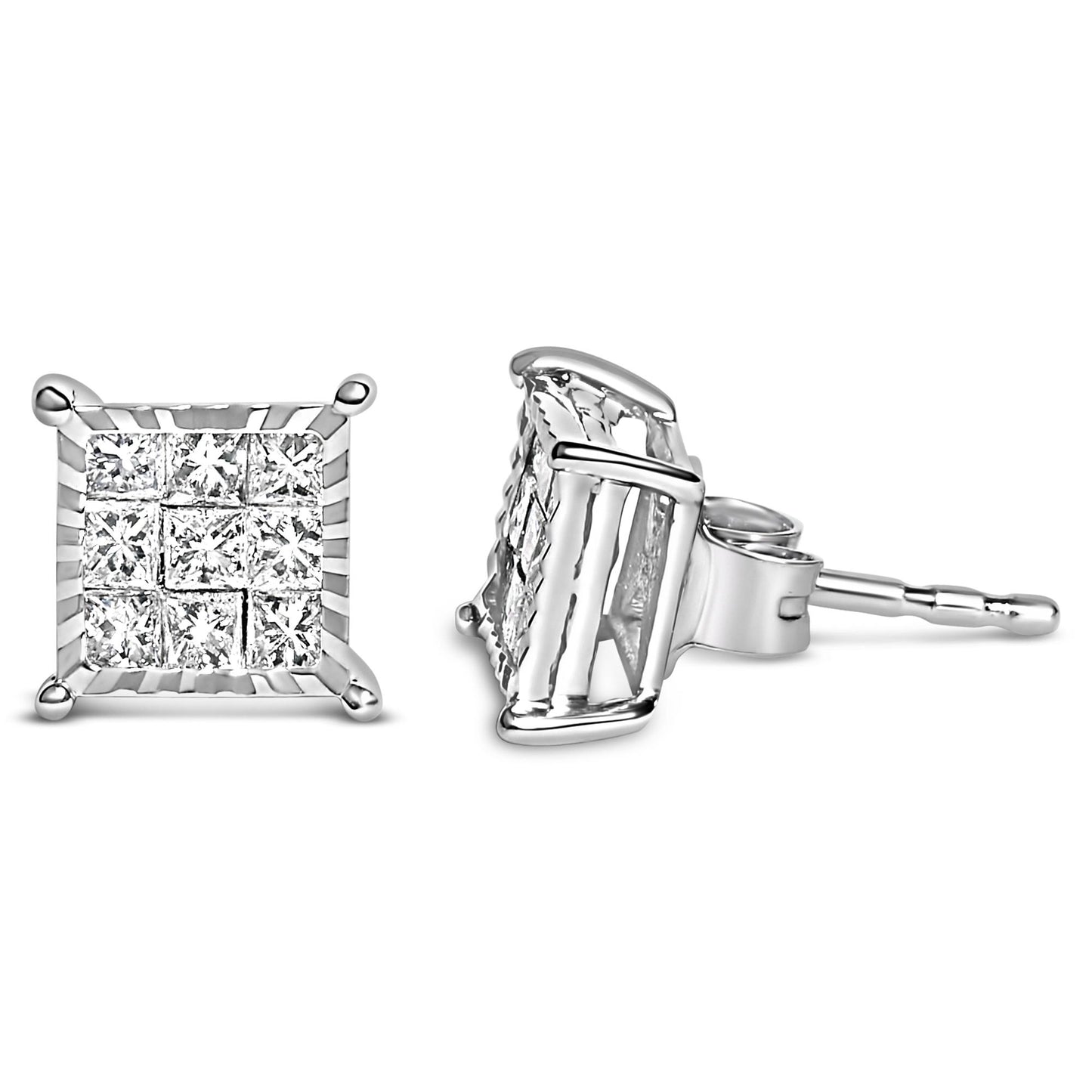 Pair of square stud earrings with multiple princess-shaped white gemstones in an invisible setting, shown from front and side angles on a white background.