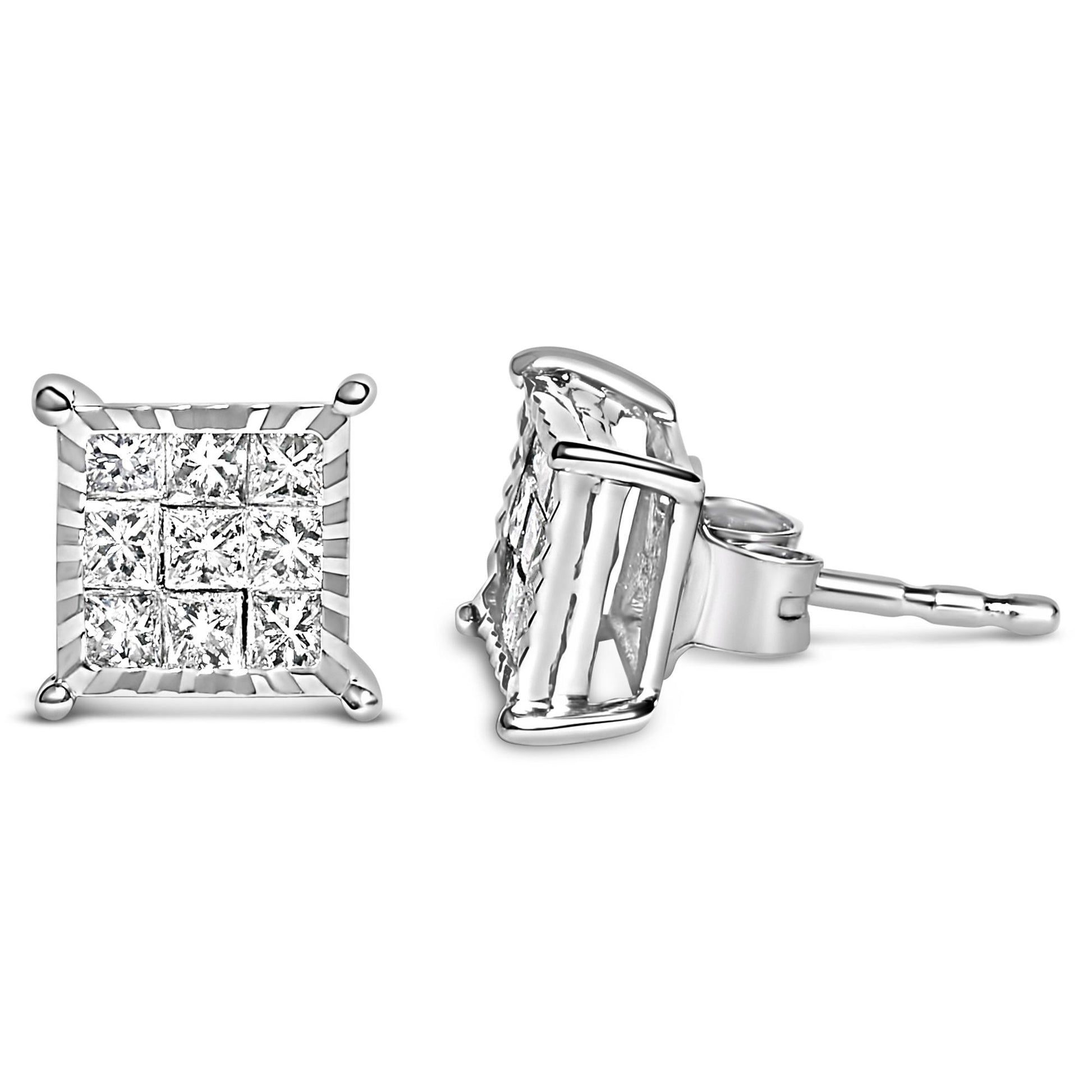 Pair of square stud earrings with multiple princess-shaped white gemstones in an invisible setting, shown from front and side angles on a white background.