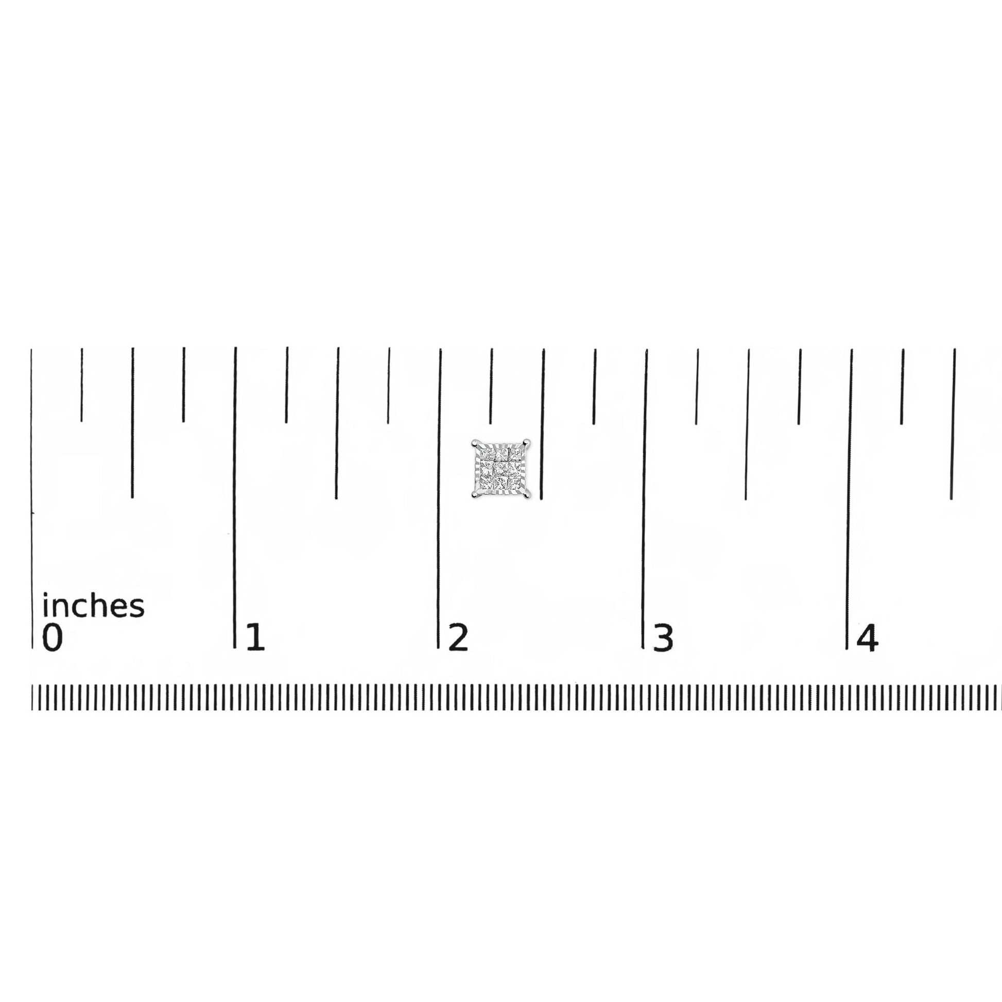 Close-up image of a square-shaped earring with white gemstones in an invisible setting, shown on a ruler scale from a top-down angle.