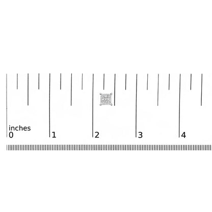 Close-up image of a square-shaped earring with white gemstones in an invisible setting, shown on a ruler scale from a top-down angle.