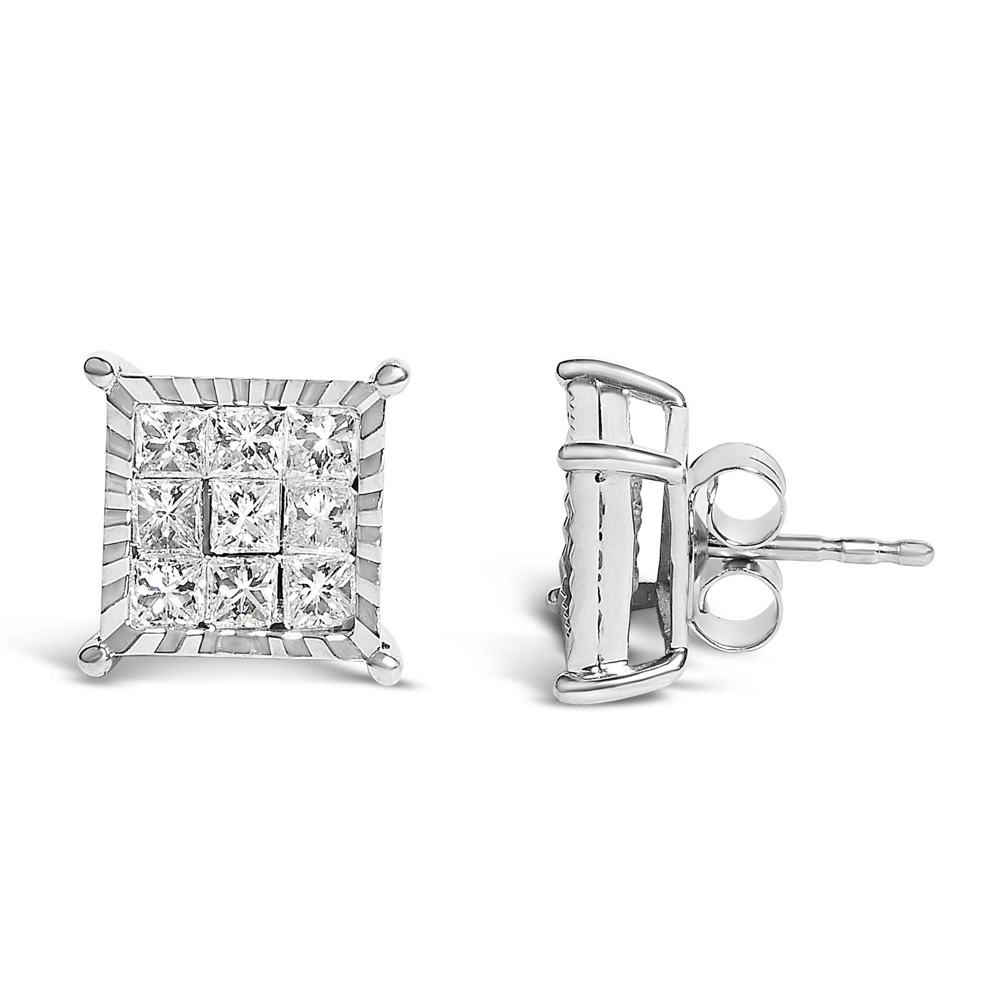 Pair of square-shaped white metal stud earrings with multiple princess-shaped white gemstones in an invisible setting, shown from front and side angles on a white background.