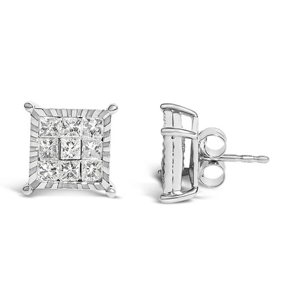 Pair of square-shaped white metal stud earrings with multiple princess-shaped white gemstones in an invisible setting, shown from front and side angles on a white background.
