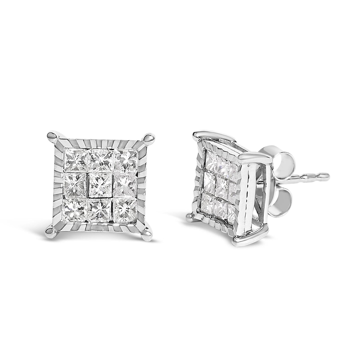 Pair of square-shaped white metal stud earrings with multiple princess-cut white gemstones set invisibly, shown in a front and side angle on a white background.