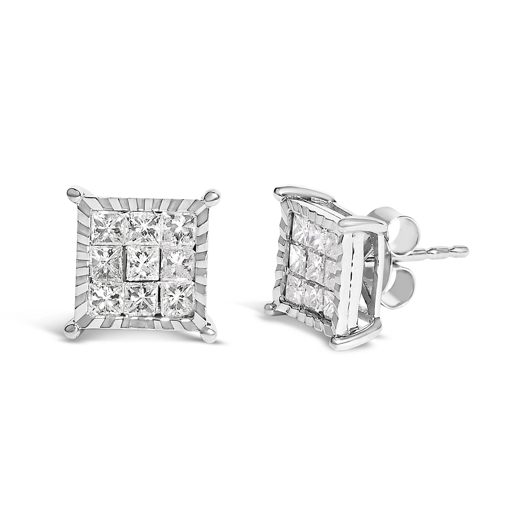 Pair of square-shaped white metal stud earrings with multiple princess-cut white gemstones set invisibly, shown in a front and side angle on a white background.