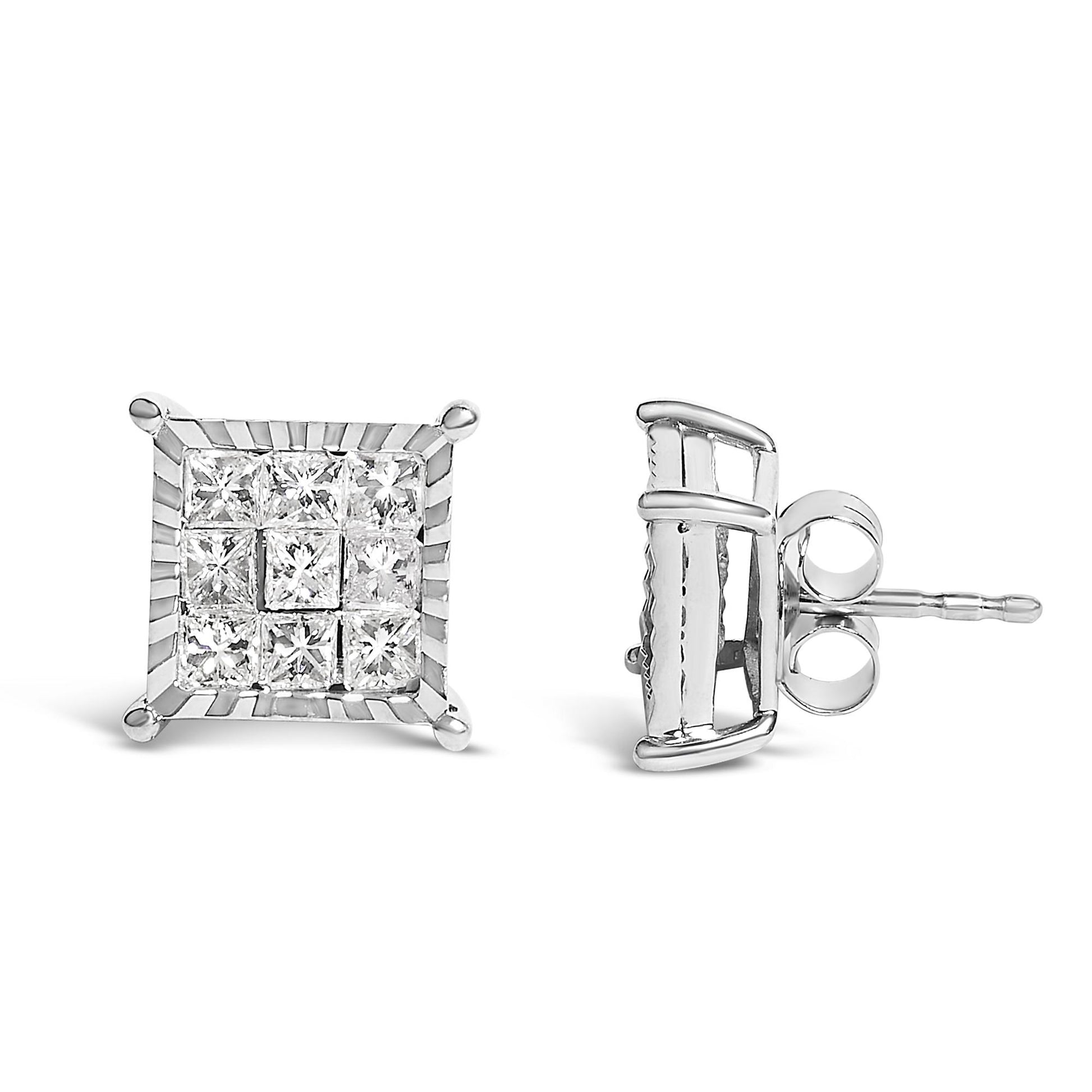 Front and side views of a pair of white metal square stud earrings with multiple white princess-shaped gemstones in an invisible setting, shown on a white background from a slightly elevated angle.