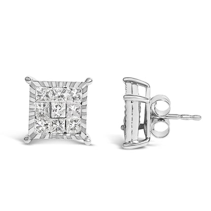 Front and side views of a pair of white metal square stud earrings with multiple white princess-shaped gemstones in an invisible setting, shown on a white background from a slightly elevated angle.