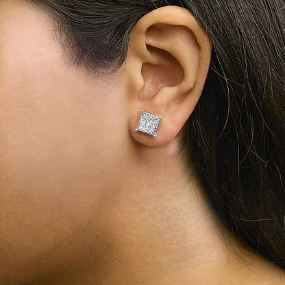 Close-up side view of a model wearing square-shaped white metal stud earrings with multiple princess-shaped white gemstones in an invisible setting.