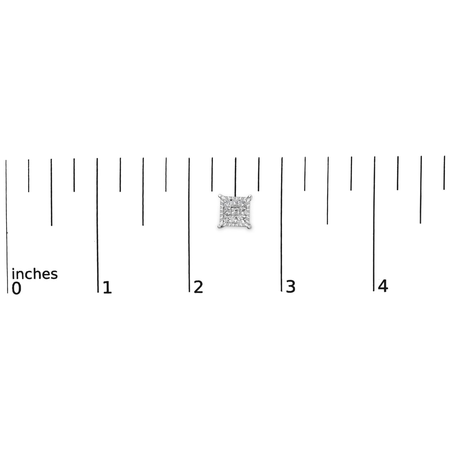 Close-up front view of a single white metal earring with princess-shaped white gemstones in an invisible setting, shown on a scale marked in inches.