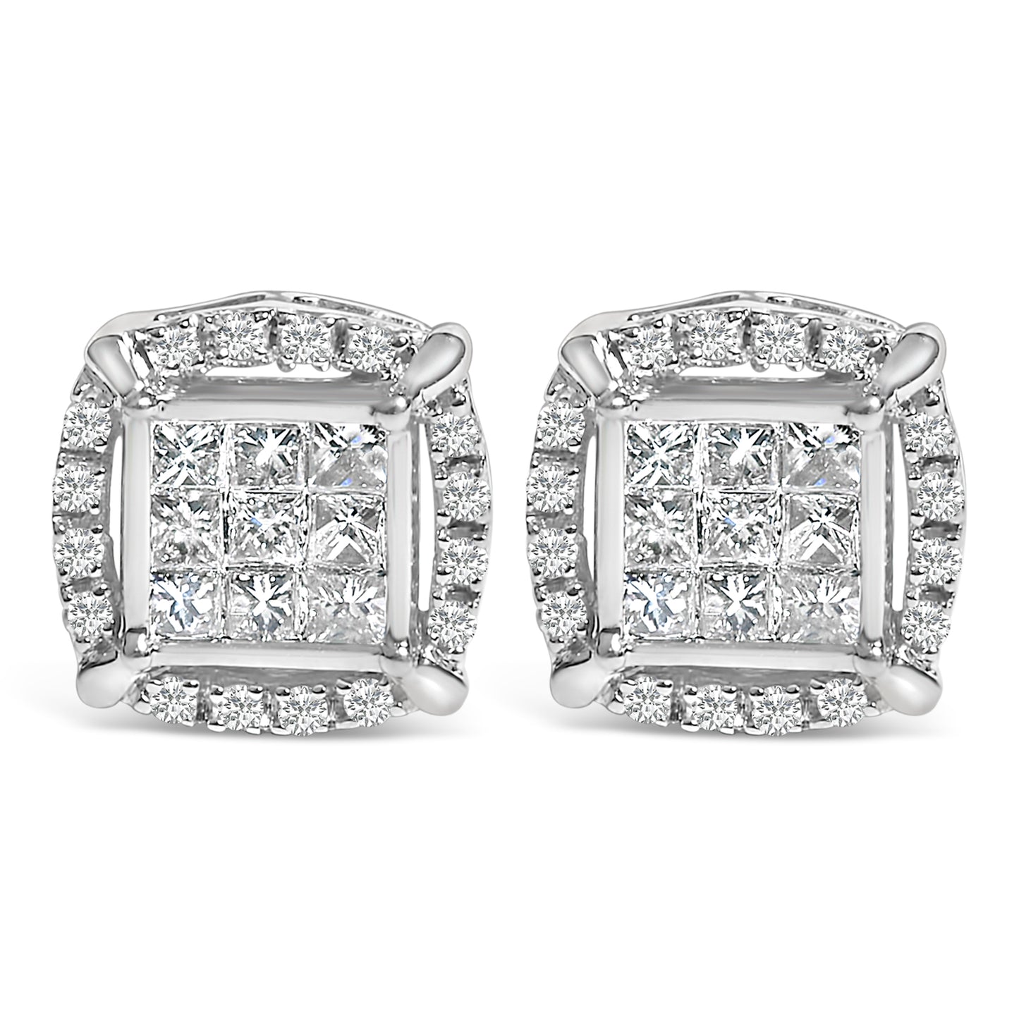 Front angle close-up of a pair of square white metal earrings featuring princess-shaped white gemstones in an invisible setting arranged in the center, surrounded by round white gemstones in a prong setting.