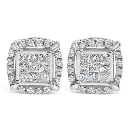 Front angle close-up of a pair of square white metal earrings featuring princess-shaped white gemstones in an invisible setting arranged in the center, surrounded by round white gemstones in a prong setting.