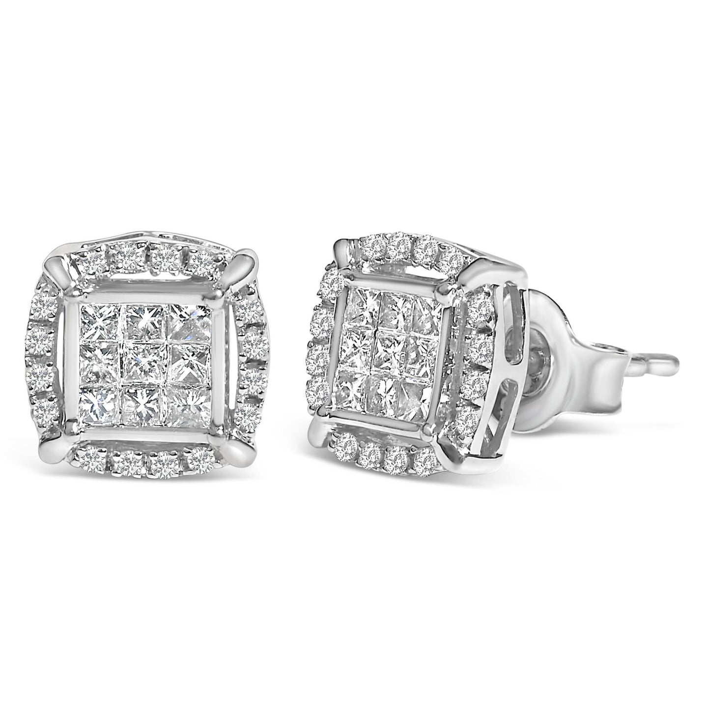 Close-up front and side view of a pair of white metal stud earrings featuring square cluster of princess-shaped white gemstones in invisible setting, surrounded by round white gemstones in prong setting.