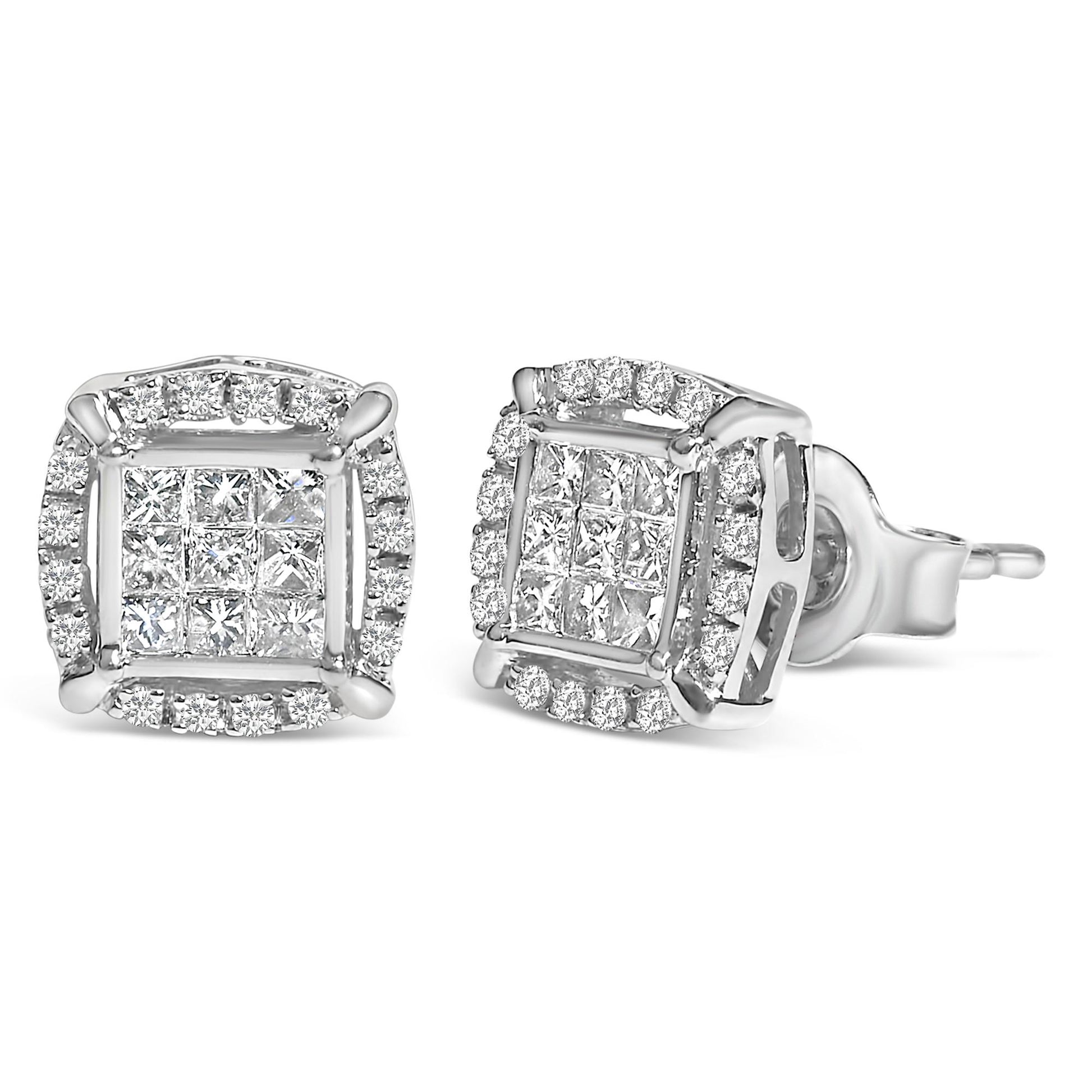 Close-up front and side view of a pair of white metal stud earrings featuring square cluster of princess-shaped white gemstones in invisible setting, surrounded by round white gemstones in prong setting.