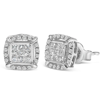 Close-up front and side view of a pair of white metal stud earrings featuring square cluster of princess-shaped white gemstones in invisible setting, surrounded by round white gemstones in prong setting.