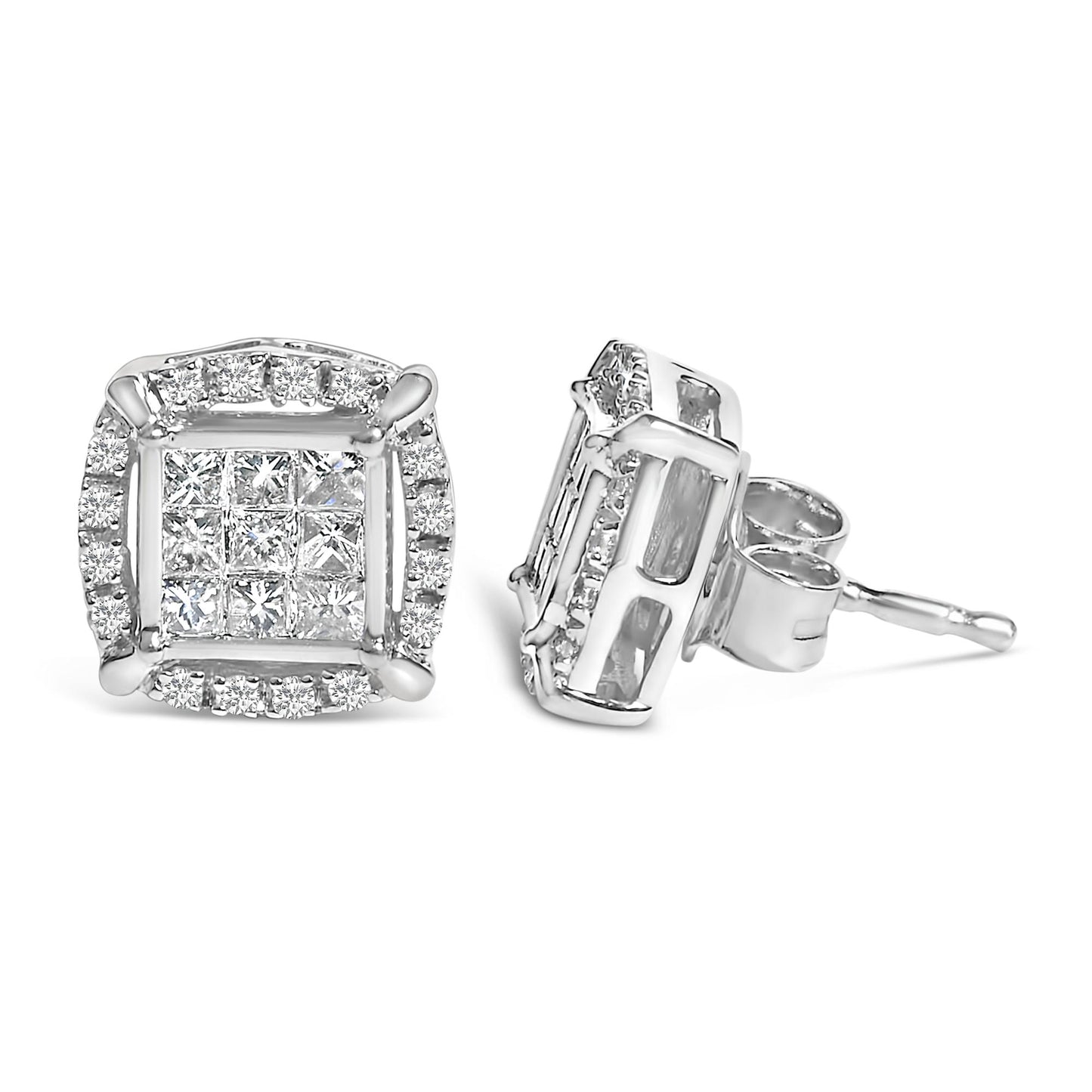 Close-up image of a pair of white metal stud earrings shown from front and side angles. Each earring has a square cluster of princess-shaped white gemstones set invisibly in the center, surrounded by a border of round-shaped white gemstones set with prongs.