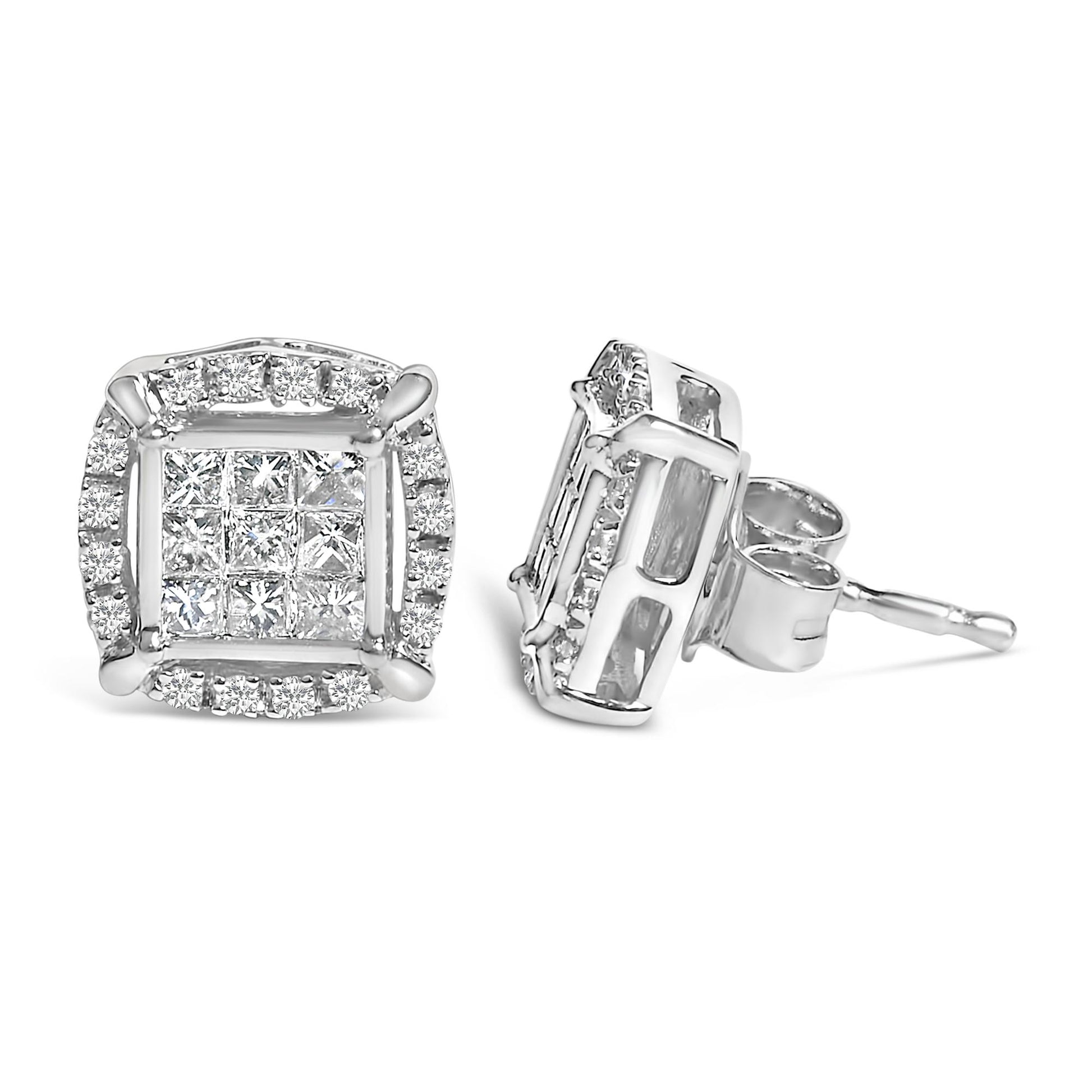 Close-up image of a pair of white metal stud earrings shown from front and side angles. Each earring has a square cluster of princess-shaped white gemstones set invisibly in the center, surrounded by a border of round-shaped white gemstones set with prongs.