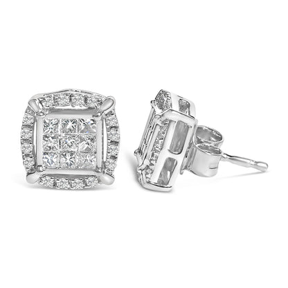 Close-up image of a pair of white metal stud earrings shown from front and side angles. Each earring has a square cluster of princess-shaped white gemstones set invisibly in the center, surrounded by a border of round-shaped white gemstones set with prongs.