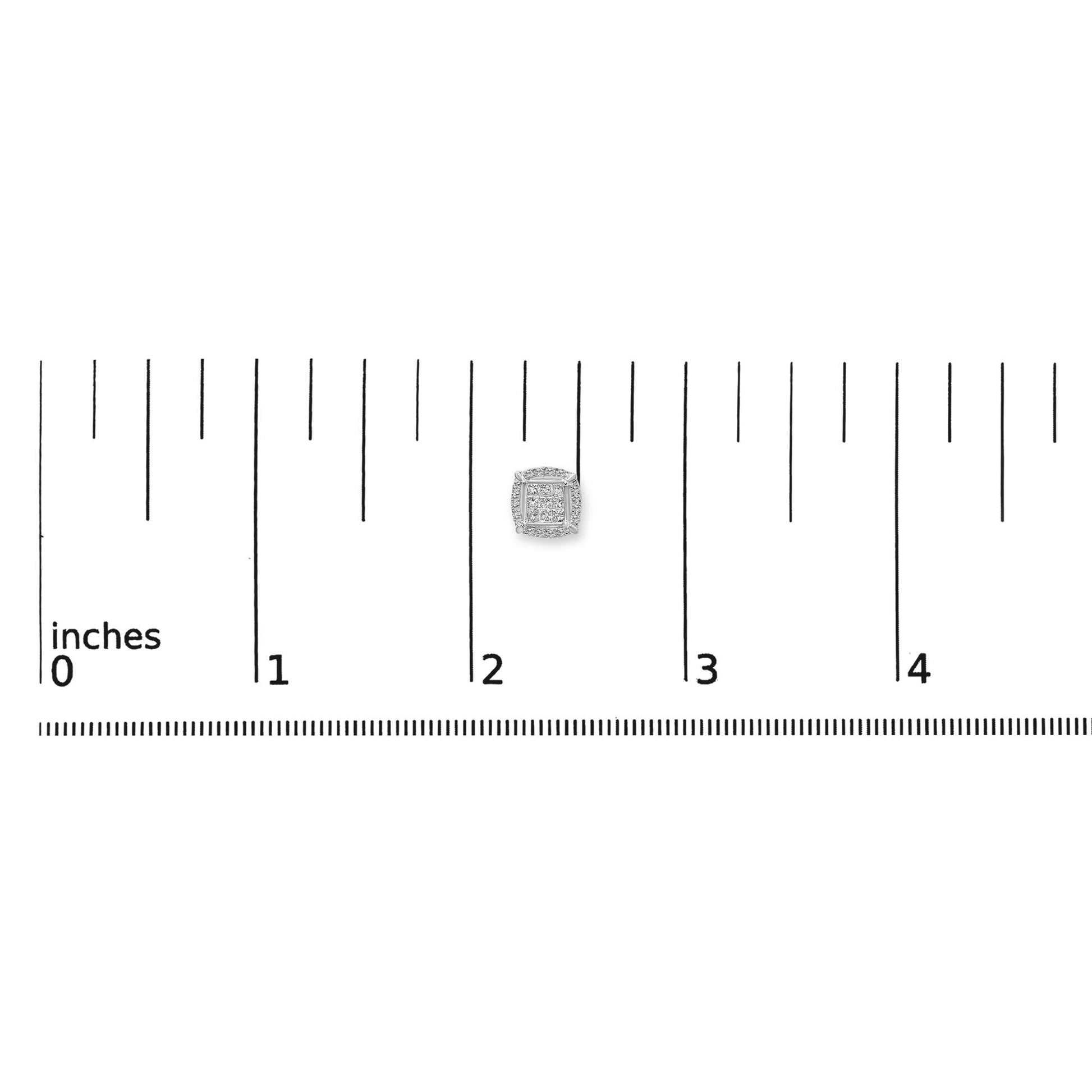 Close-up top-down view of a white metal square earring with small princess-shaped white gemstones in an invisible setting in the center, surrounded by round-shaped white gemstones in a prong setting, shown on a ruler scale.