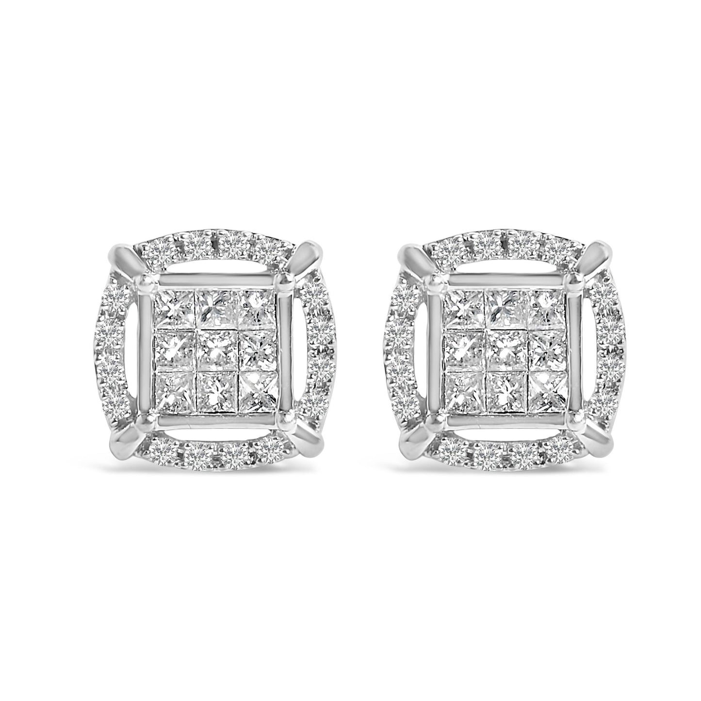 Pair of white metal square-shaped earrings with a cluster of princess-shaped white gemstones in an invisible setting in the center, surrounded by a border of round-shaped white gemstones in prong settings, shown in a front-facing angle.