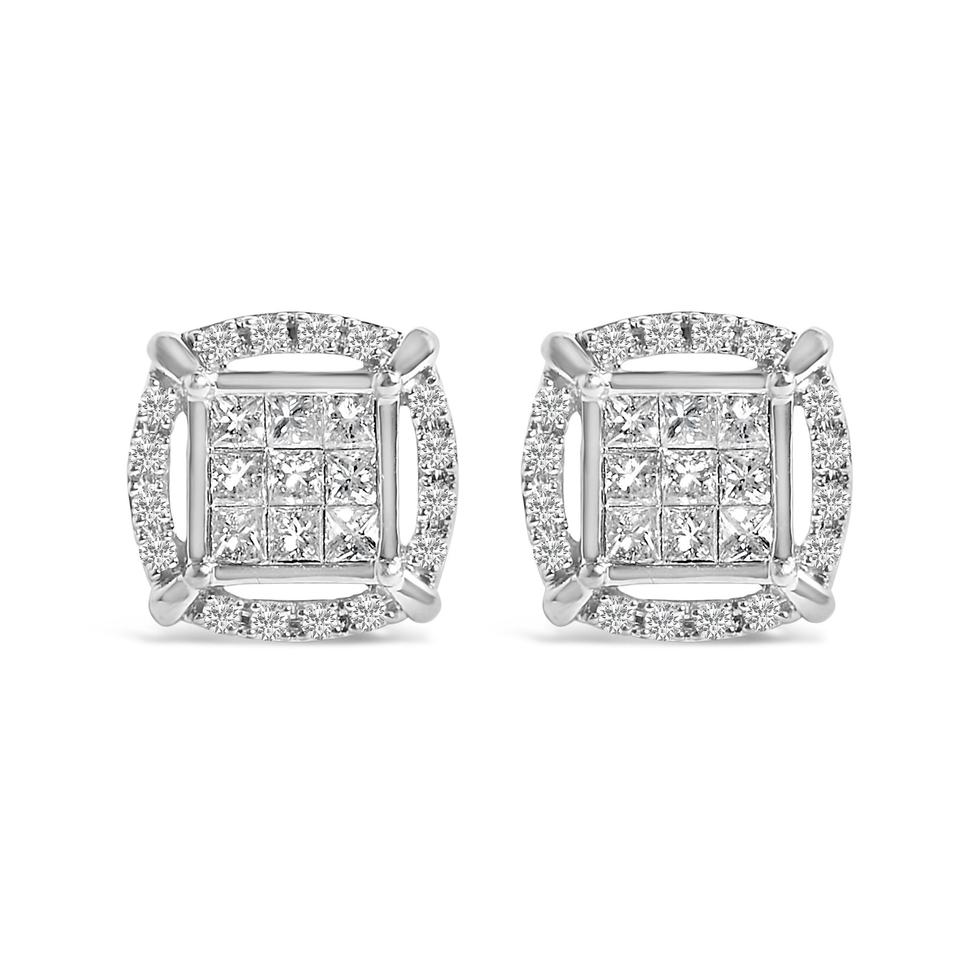 Pair of white metal square-shaped earrings with a cluster of princess-shaped white gemstones in an invisible setting in the center, surrounded by a border of round-shaped white gemstones in prong settings, shown in a front-facing angle.