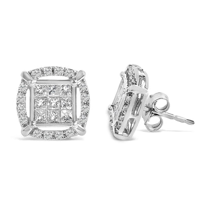 Pair of white metal square earrings shown from front and side angles, featuring princess-shaped white gemstones in an invisible setting at the center, surrounded by round white gemstones in prong settings.