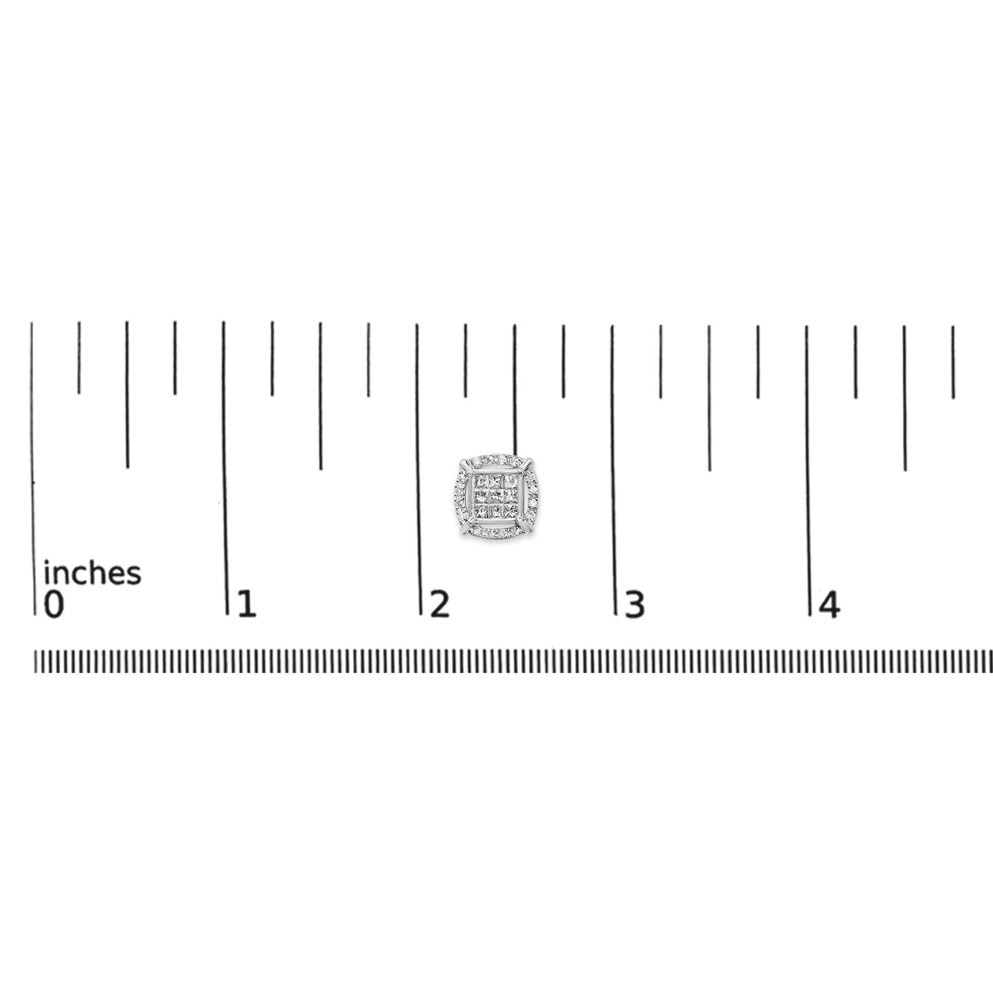 White metal square-shaped earring with princess and round white gemstones, shown on a ruler scale from a top-down angle.