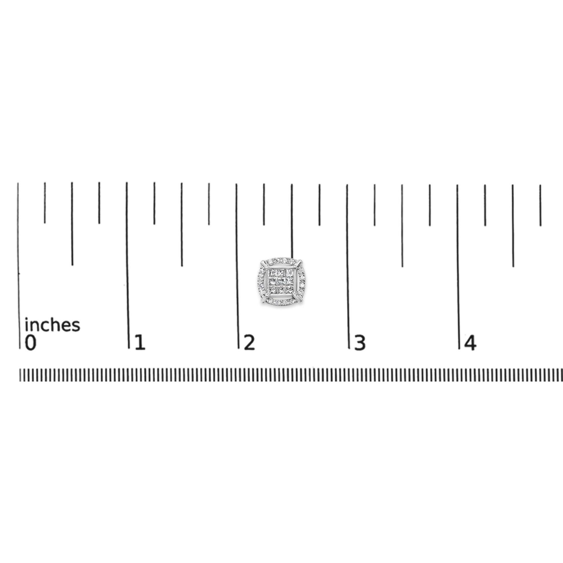 White metal square-shaped earring with princess and round white gemstones, shown on a ruler scale from a top-down angle.