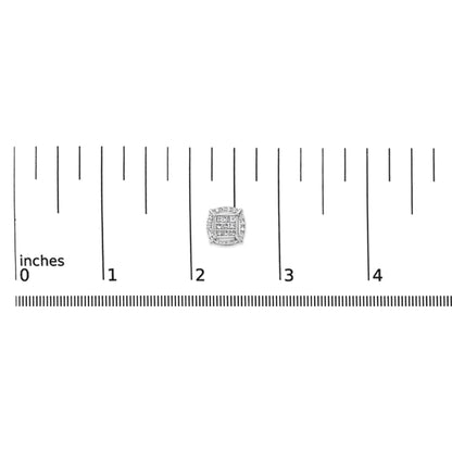 White metal square-shaped earring with princess and round white gemstones, shown on a ruler scale from a top-down angle.