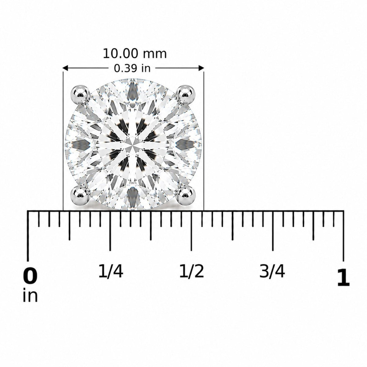 Close-up front view of a single round white gemstone earring in a four-prong white setting shown on a ruler scale.