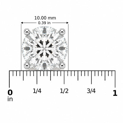 Close-up front view of a single round white gemstone earring in a four-prong white setting shown on a ruler scale.